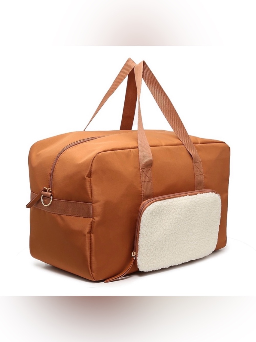 DSW Cognac Travel Duffle with Cream Sherpa Pouch - Picture 3 of 9
